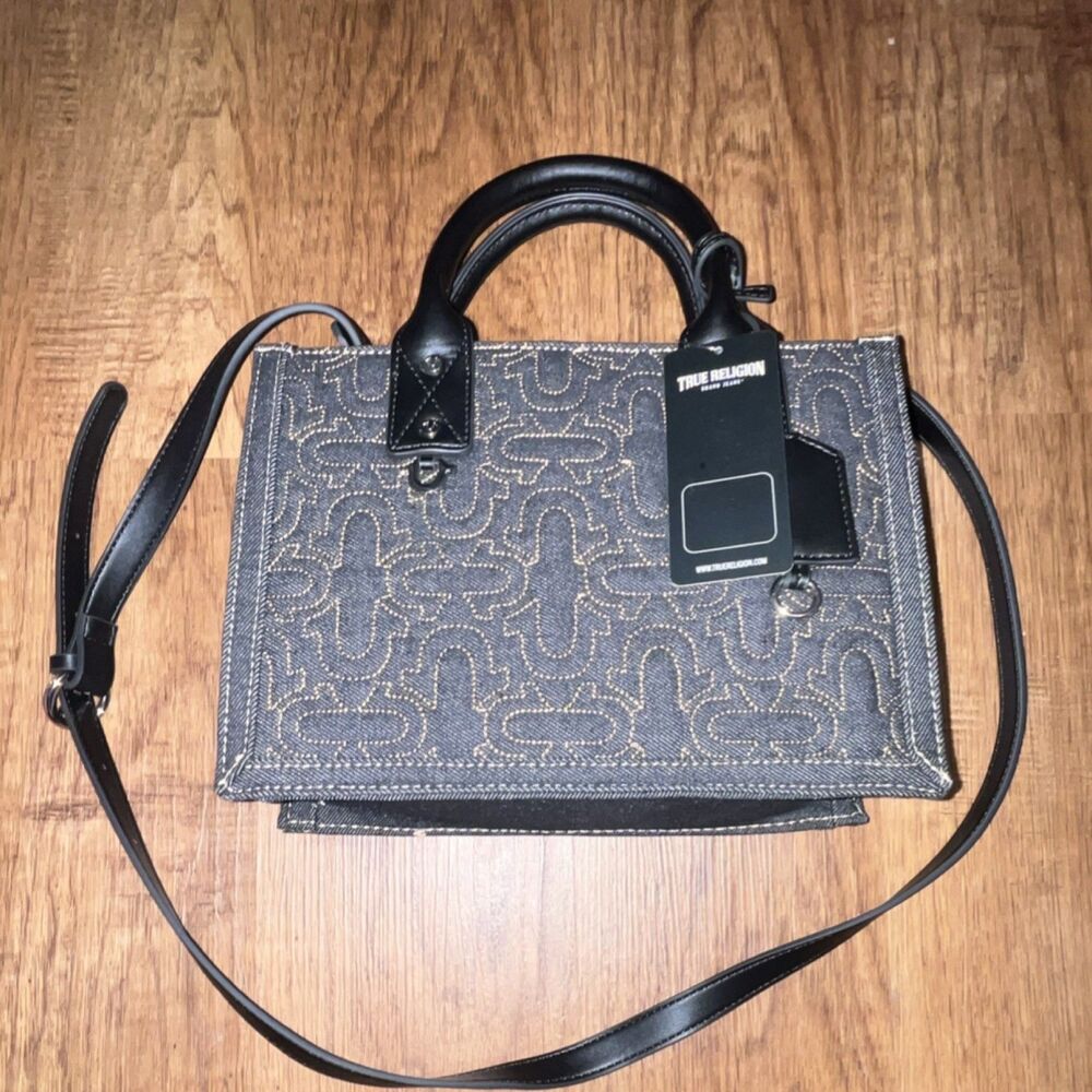 True Religion dark blue Denim Top Handle Bag with Logo, Stitching and Tag